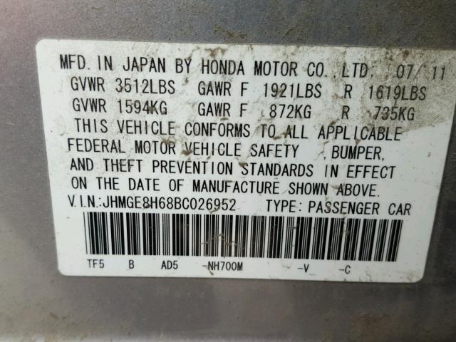 JHMGE8H68BC026952 - 2011 HONDA FIT SPORT SILVER photo 10