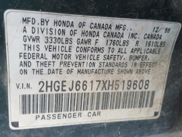 2HGEJ6617XH519608 - 1999 HONDA CIVIC BASE GREEN photo 10