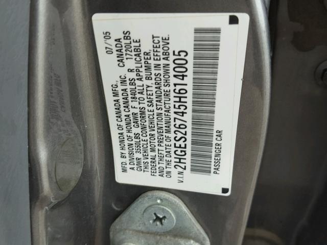 2HGES26745H614005 - 2005 HONDA CIVIC GRAY photo 10