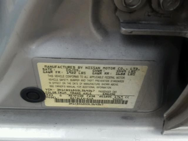 3N1CB51D55L564567 - 2005 NISSAN SENTRA 1.8 SILVER photo 10