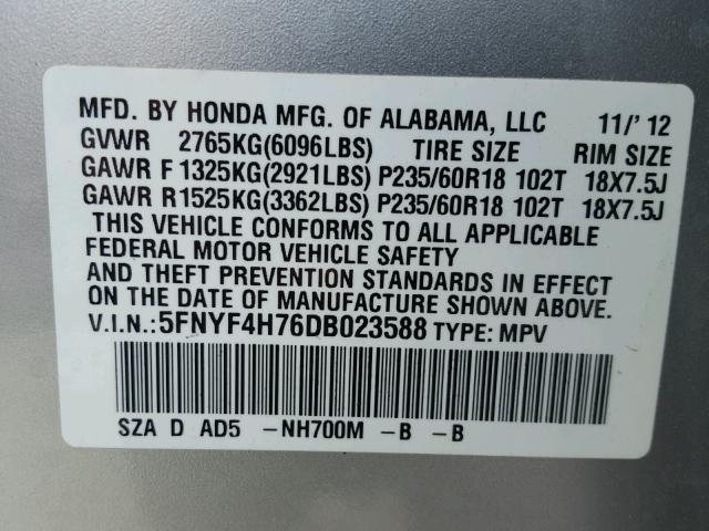 5FNYF4H76DB023588 - 2013 HONDA PILOT EXLN SILVER photo 10