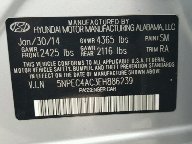 5NPEC4AC3EH886239 - 2014 HYUNDAI SONATA SE SILVER photo 10