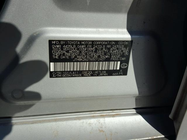 JTHBK262765012437 - 2006 LEXUS IS 250 SILVER photo 10