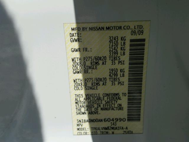 5N1BA0ND0AN604990 - 2010 NISSAN ARMADA SE WHITE photo 10