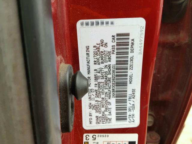 1NXBR30E28Z038101 - 2008 TOYOTA COROLLA CE RED photo 10