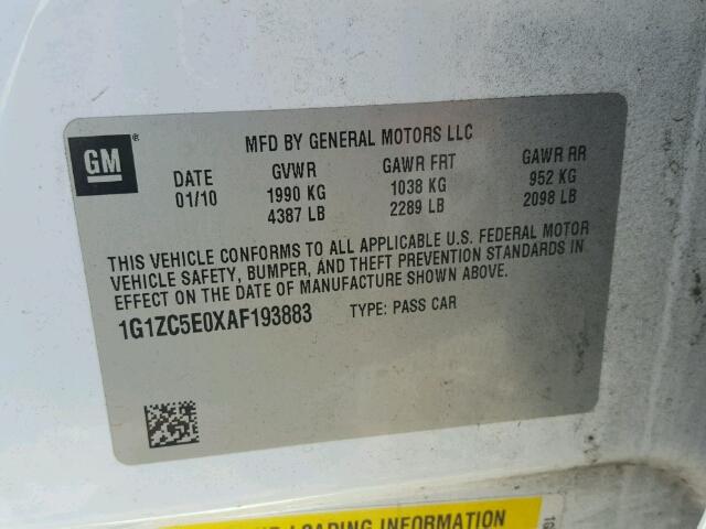 1G1ZC5E0XAF193883 - 2010 CHEVROLET MALIBU 1LT 白色 照片 10