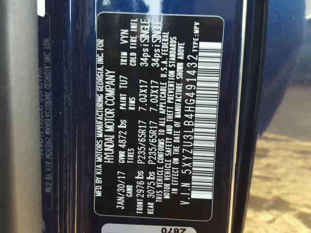 5XYZU3LB4HG491432 - 2017 HYUNDAI SANTA FE S Mavi foto 10