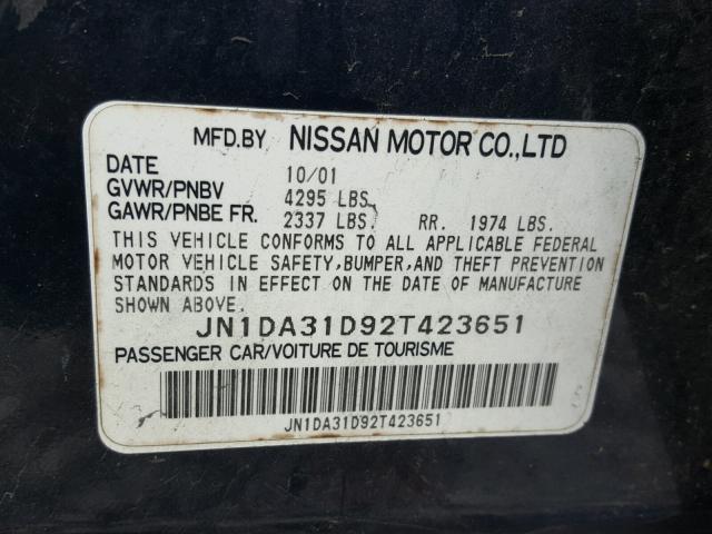 JN1DA31D92T423651 - 2002 NISSAN MAXIMA BLUE photo 10