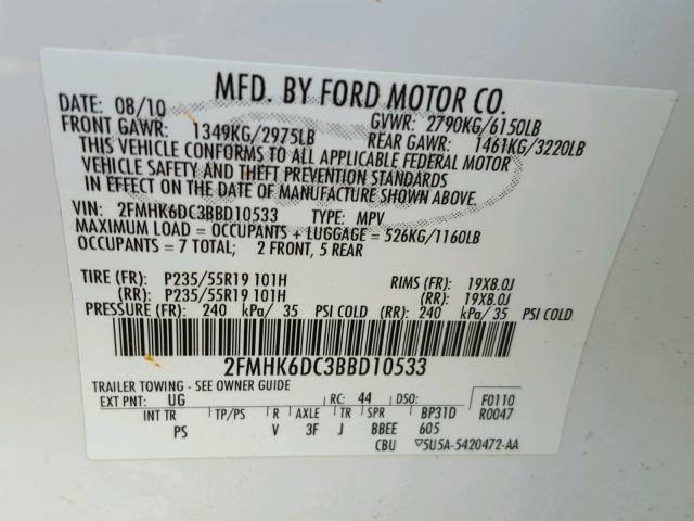 2FMHK6DC3BBD10533 - 2011 FORD FLEX LIMIT WHITE photo 10