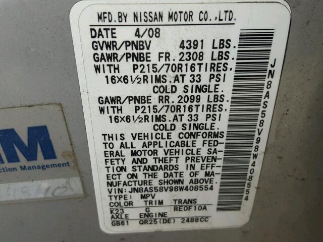 JN8AS58V98W408554 - 2008 NISSAN ROGUE S SILVER photo 10