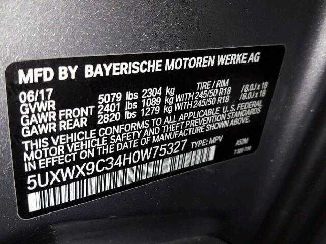 5UXWX9C34H0W75327 - 2017 BMW X3 XDRIVE2 GRAY photo 10