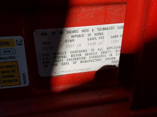 KL1TD66627B785420 - 2007 CHEVROLET AVEO BASE Կարմիր լուսանկար 10