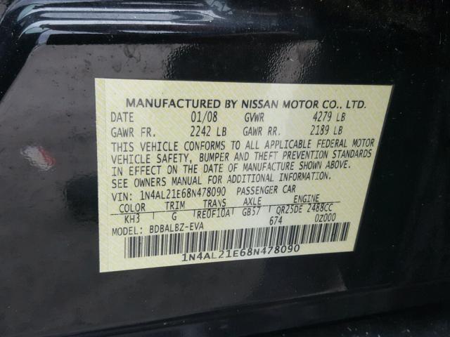 1N4AL21E68N478090 - 2008 NISSAN ALTIMA 2.5 BLACK photo 10