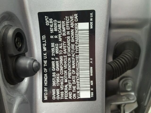 SHHFK7H51HU224192 - 2017 HONDA CIVIC EX SILVER photo 10