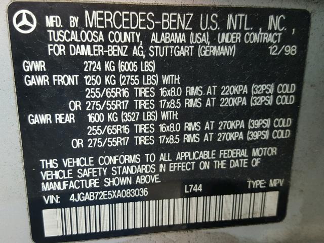 4JGAB72E5XA083036 - 1999 MERCEDES-BENZ ML 430 银色 照片 10