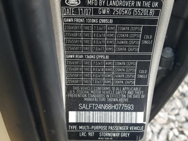 SALFT24N68H077593 - 2008 LAND ROVER LR2 HSE TE GRAY photo 10