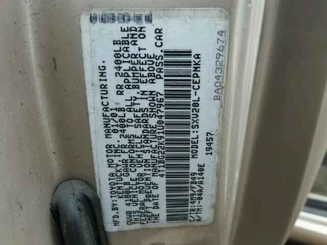 4T1BG22K91U047967 - 2001 TOYOTA CAMRY CE TAN photo 10