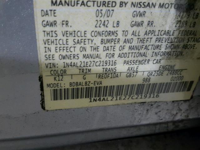 1N4AL21E27C219316 - 2007 NISSAN ALTIMA 2.5 GRAY photo 10