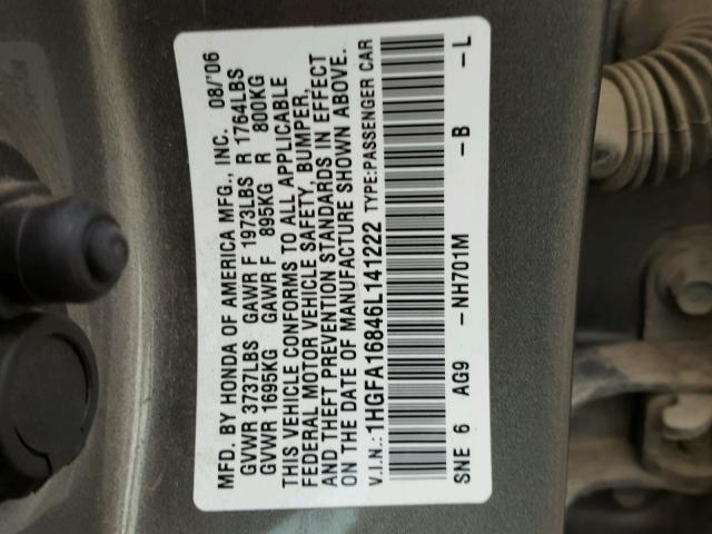 1HGFA16846L141222 - 2006 HONDA CIVIC GRAY photo 10