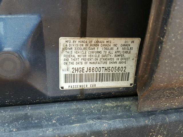 2HGEJ6600TH505602 - 1996 HONDA CIVIC LX BLUE photo 10