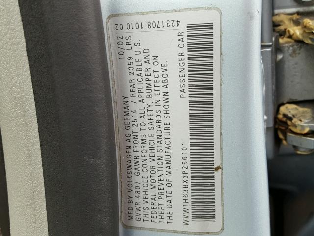 WVWTH63BX3P256101 - 2003 VOLKSWAGEN PASSAT GLX BLUE photo 10
