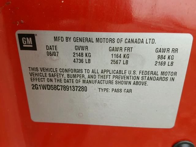 2G1WD58C789137280 - 2008 CHEVROLET IMPALA SUP RED photo 10