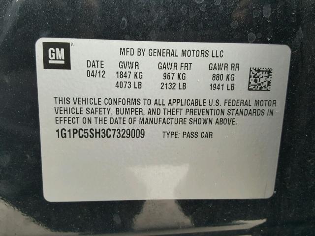 1G1PC5SH3C7329009 - 2012 CHEVROLET CRUZE LS BLACK photo 10