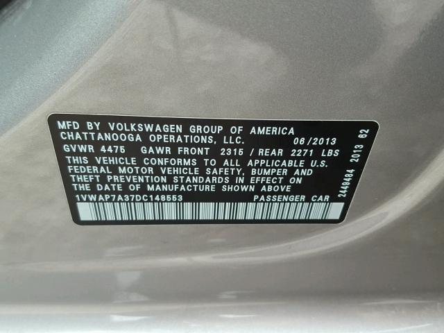 1VWAP7A37DC148553 - 2013 VOLKSWAGEN PASSAT S SILVER photo 10