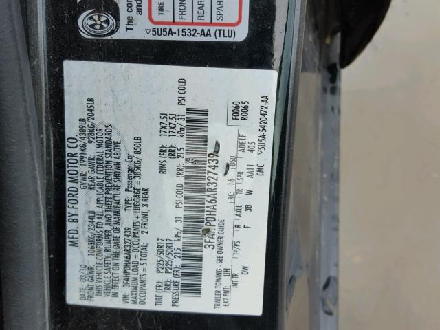 3FAHP0HA6AR327439 - 2010 FORD FUSION SE BLACK photo 10