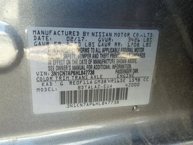 3N1CN7AP6HL847738 - 2017 NISSAN VERSA S GRAY photo 10