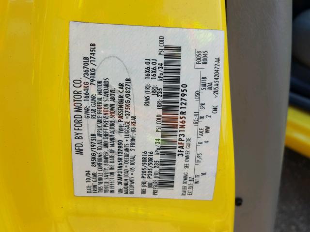 3FAFP31N65R127950 - 2005 FORD FOCUS ZX3 YELLOW photo 10