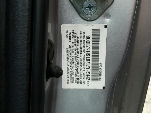 2HGFG12816H573008 - 2006 HONDA CIVIC EX ვერცხლისფერი ფოტო 10