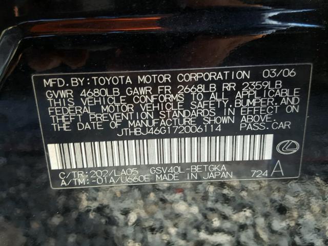 JTHBJ46G172006114 - 2007 LEXUS ES 350 BLACK photo 10