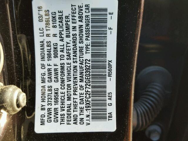 19XFC2F72GE039272 - 2016 HONDA CIVIC EX BLACK photo 10