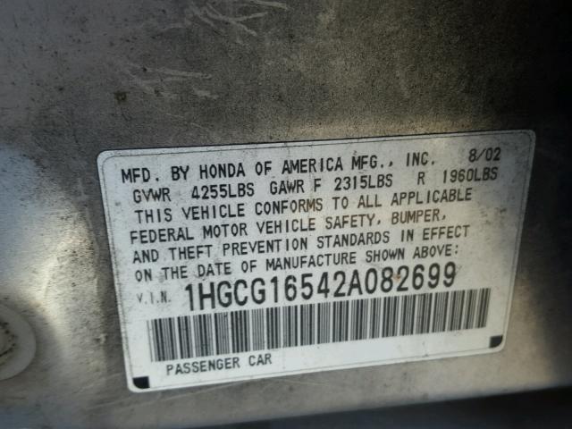 1HGCG16542A082699 - 2002 HONDA ACCORD EX SILVER photo 10