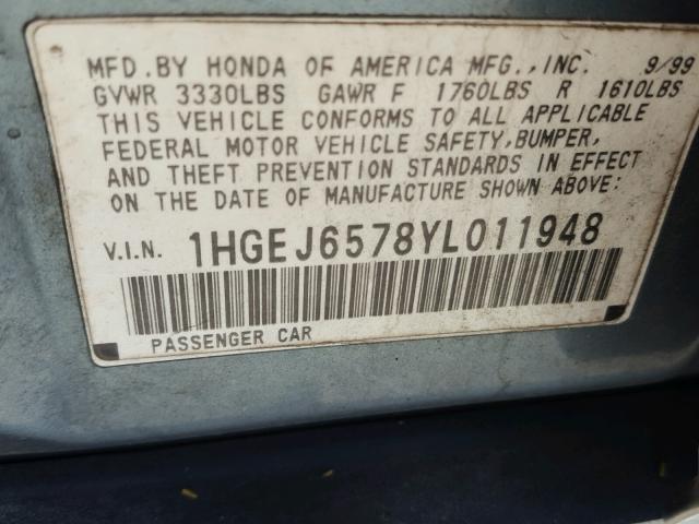 1HGEJ6578YL011948 - 2000 HONDA CIVIC LX BLUE photo 10