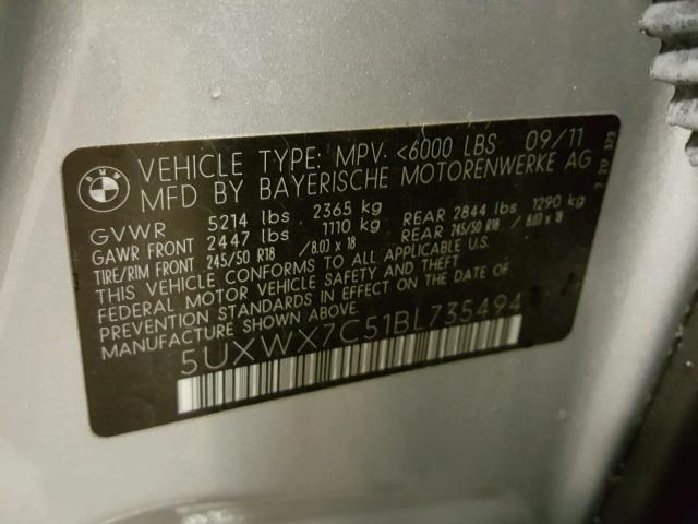 5UXWX7C51BL735494 - 2011 BMW X3 XDRIVE3 SILVER photo 10