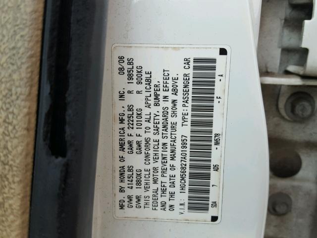 1HGCM56827A019957 - 2007 HONDA ACCORD EX WHITE photo 10