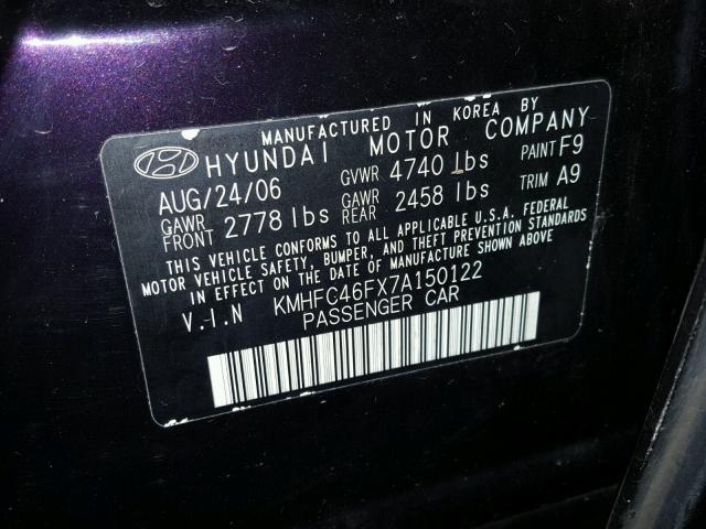 KMHFC46FX7A150122 - 2007 HYUNDAI AZERA SE PURPLE photo 10