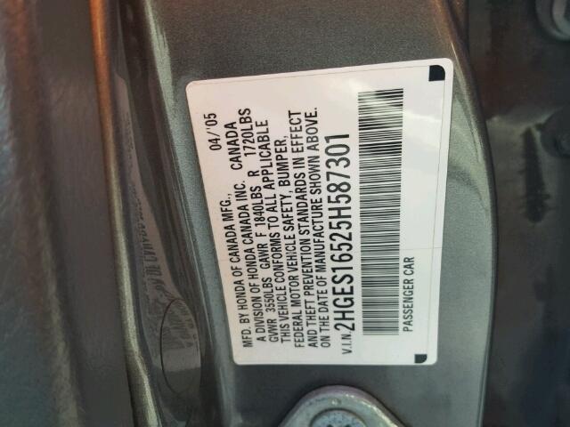 2HGES16525H587301 - 2005 HONDA CIVIC LX GRAY photo 10