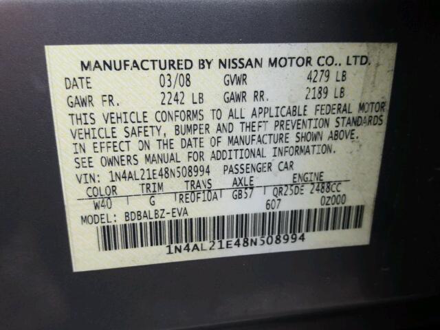 1N4AL21E48N508994 - 2008 NISSAN ALTIMA 2.5 SILVER photo 10