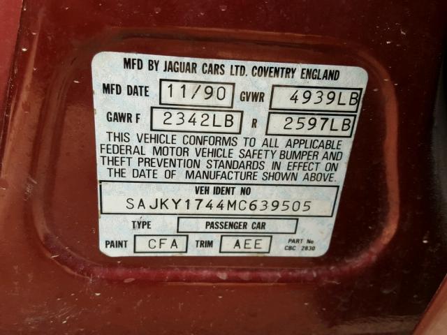 SAJKY1744MC639505 - 1991 JAGUAR XJ6 VANDEN RED photo 10