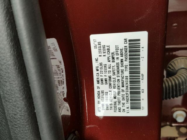 1HGCR2F50HA240089 - 2017 HONDA ACCORD SPO MAROON photo 10