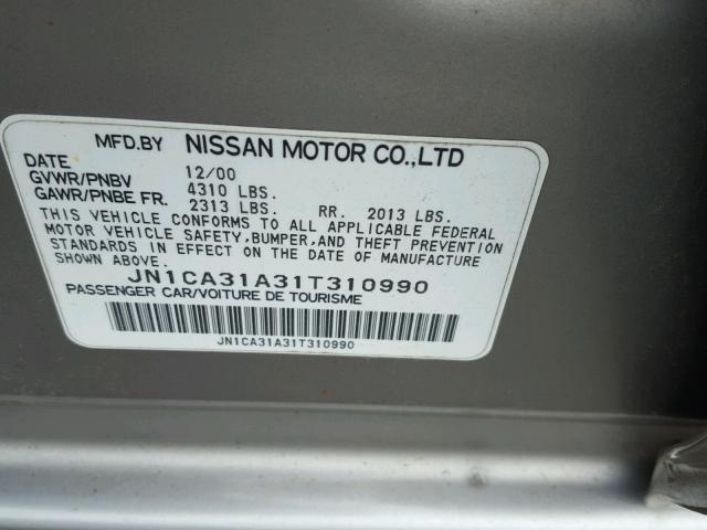 JN1CA31A31T310990 - 2001 NISSAN MAXIMA GXE GRAY photo 10