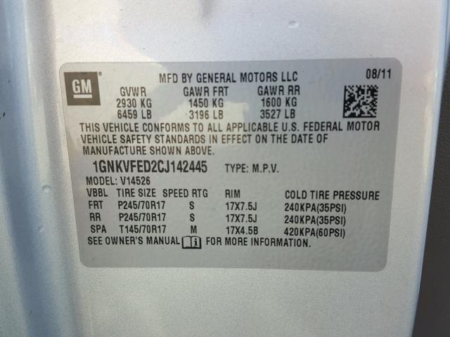 1GNKVFED2CJ142445 - 2012 CHEVROLET TRAVERSE L SILVER photo 10