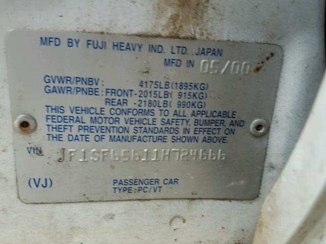 JF1SF65611H724666 - 2001 SUBARU FORESTER S თეთრი ფოტო 10