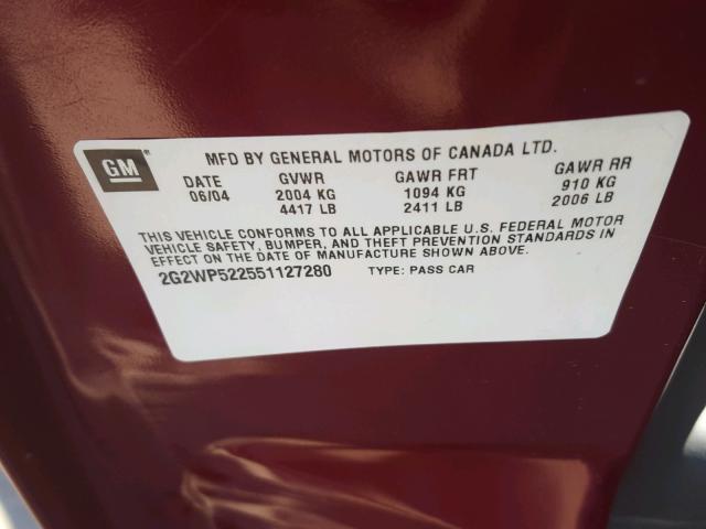 2G2WP522551127280 - 2005 PONTIAC GRAND PRIX MAROON photo 10
