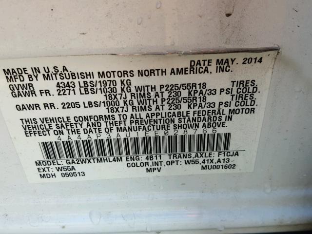 4A4AP3AU1EE028766 - 2014 MITSUBISHI OUTLANDER WHITE photo 10