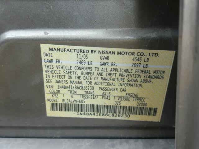 1N4BA41E86C826230 - 2006 NISSAN MAXIMA SE GRAY photo 10