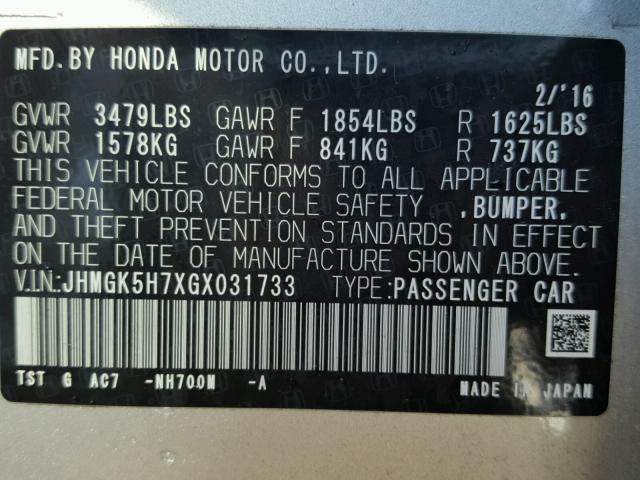 JHMGK5H7XGX031733 - 2016 HONDA FIT EX SILVER photo 10